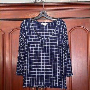 Liz Claiborne Grid Pattern Blue & White 3/4 Sleeve Size Medium